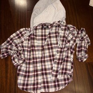 Rewash Burgundy and White Plaid Hooded Shirt